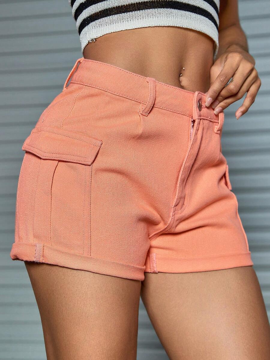 卷邊側翻蓋口袋工裝牛仔短褲 - 橘色 - 查看 1