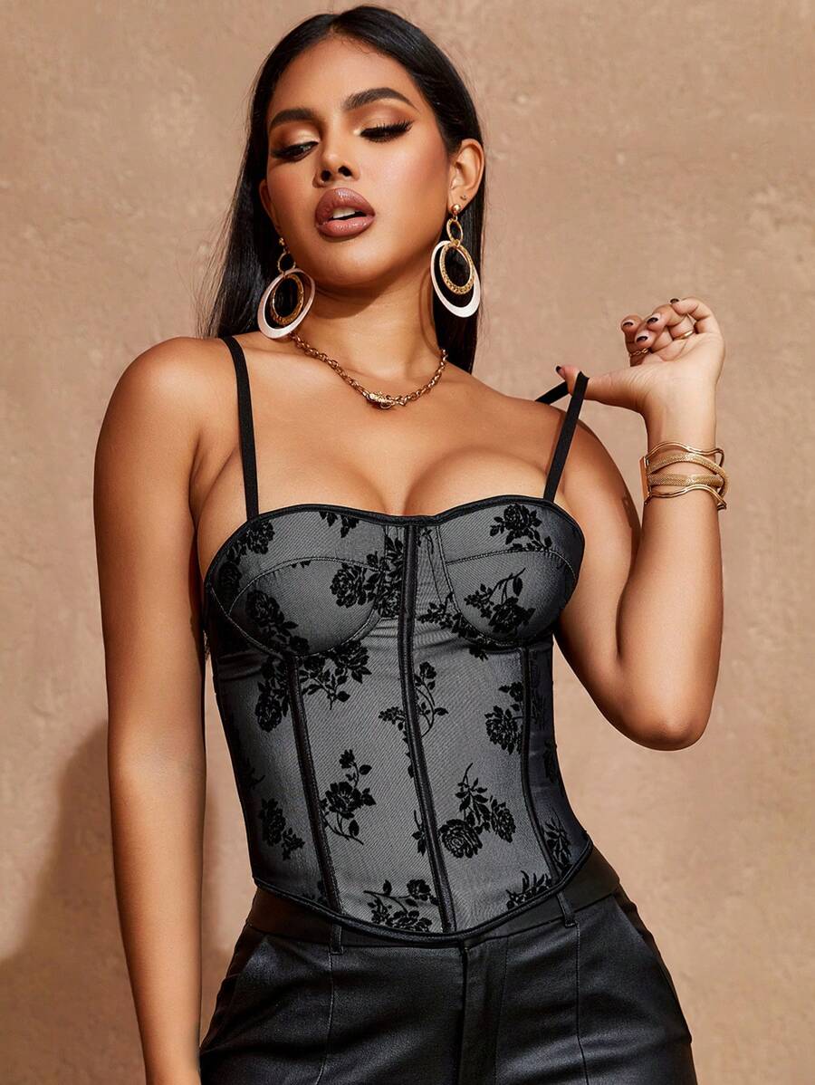 Top moldeador con corsé de malla con estampado floral - Negro - Ver 1