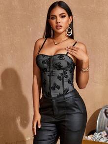 Top moldeador con corsé de malla con estampado floral - Negro - Ver 3