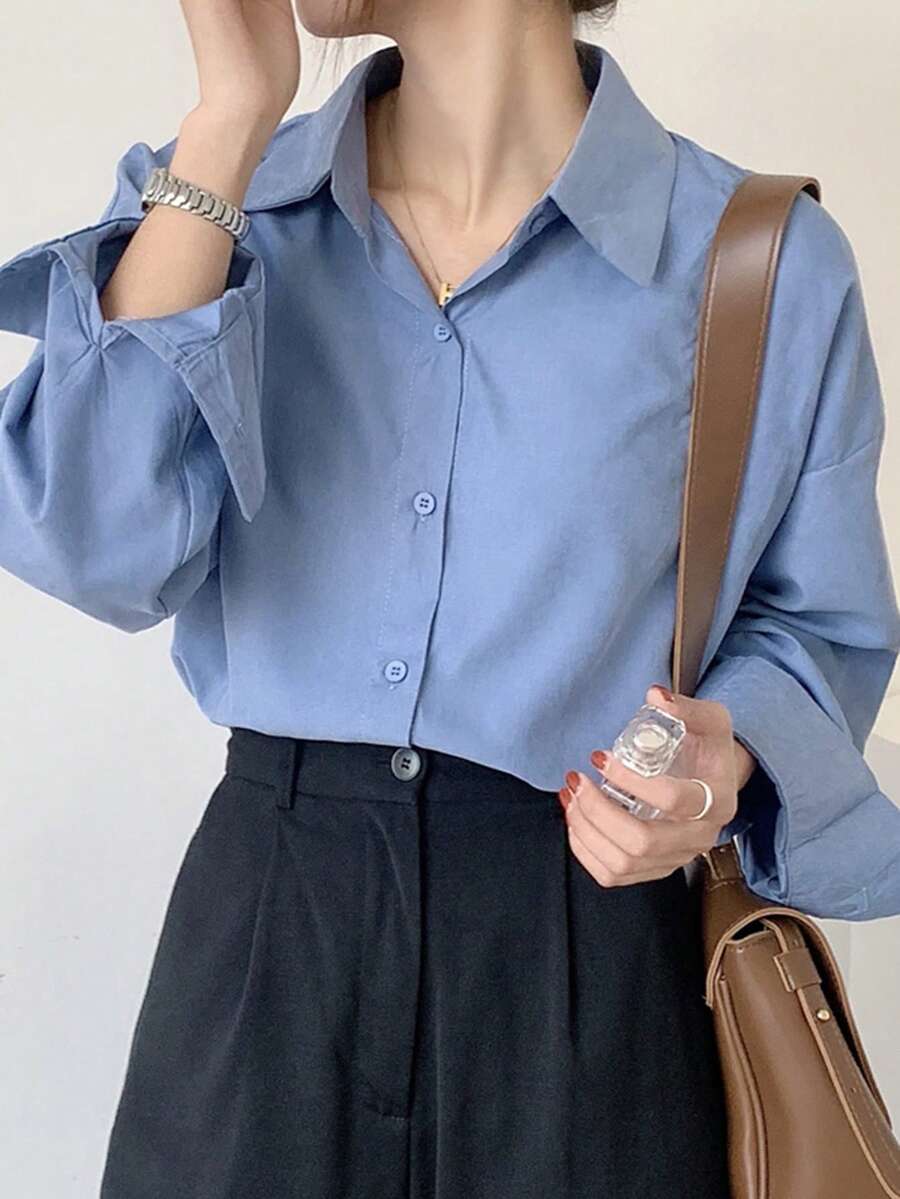素色落肩袖大碼襯衫