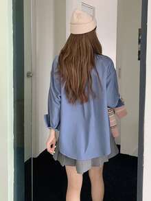 素色落肩袖大碼襯衫