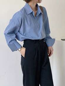素色落肩袖大碼襯衫