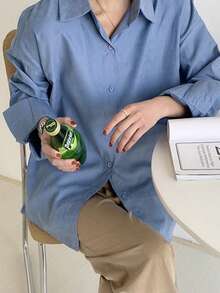 素色落肩袖大碼襯衫