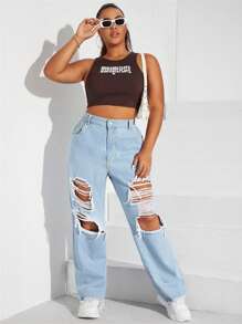 CovetEZ Plus Ripped Raw Hem Straight Leg Jeans - Light Wash - View 1