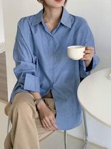 素色落肩袖大碼襯衫