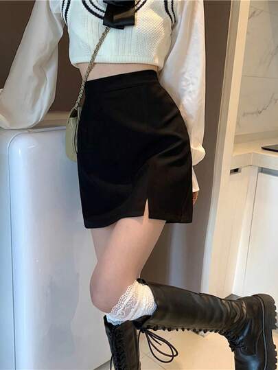 Rok Polos dengan Belahan di Bagian Bawah, Kasual, Hitam, Musim Semi