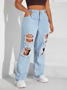 CovetEZ Plus Ripped Raw Hem Straight Leg Jeans - Light Wash - View 3