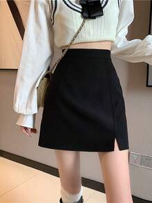 素色下擺開叉半身裙 - 黑色 - 查看 3