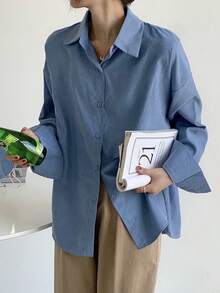 素色落肩袖大碼襯衫