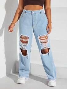 CovetEZ Plus Ripped Raw Hem Straight Leg Jeans - Light Wash - View 4