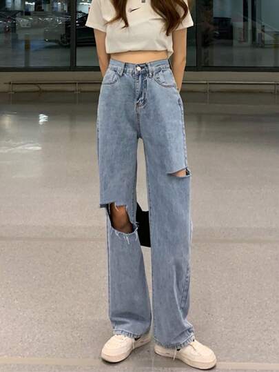 水洗鏤空破洞男友牛仔褲