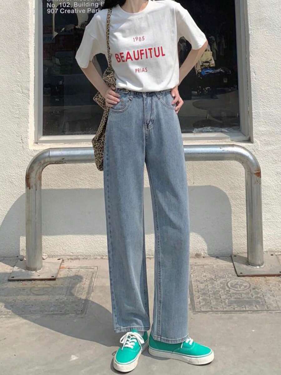 水洗直筒牛仔褲