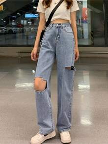 水洗鏤空破洞男友牛仔褲 - 淺色水洗藍 - 查看 4