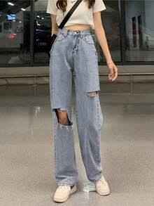 水洗鏤空破洞男友牛仔褲 - 淺色水洗藍 - 查看 5