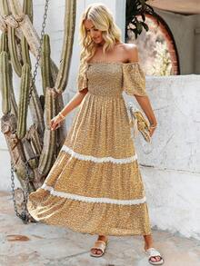 SHEIN VCAY Ditsy Floral Print Off Shoulder Guipure Lace Insert Dress - Multicolor - View 5