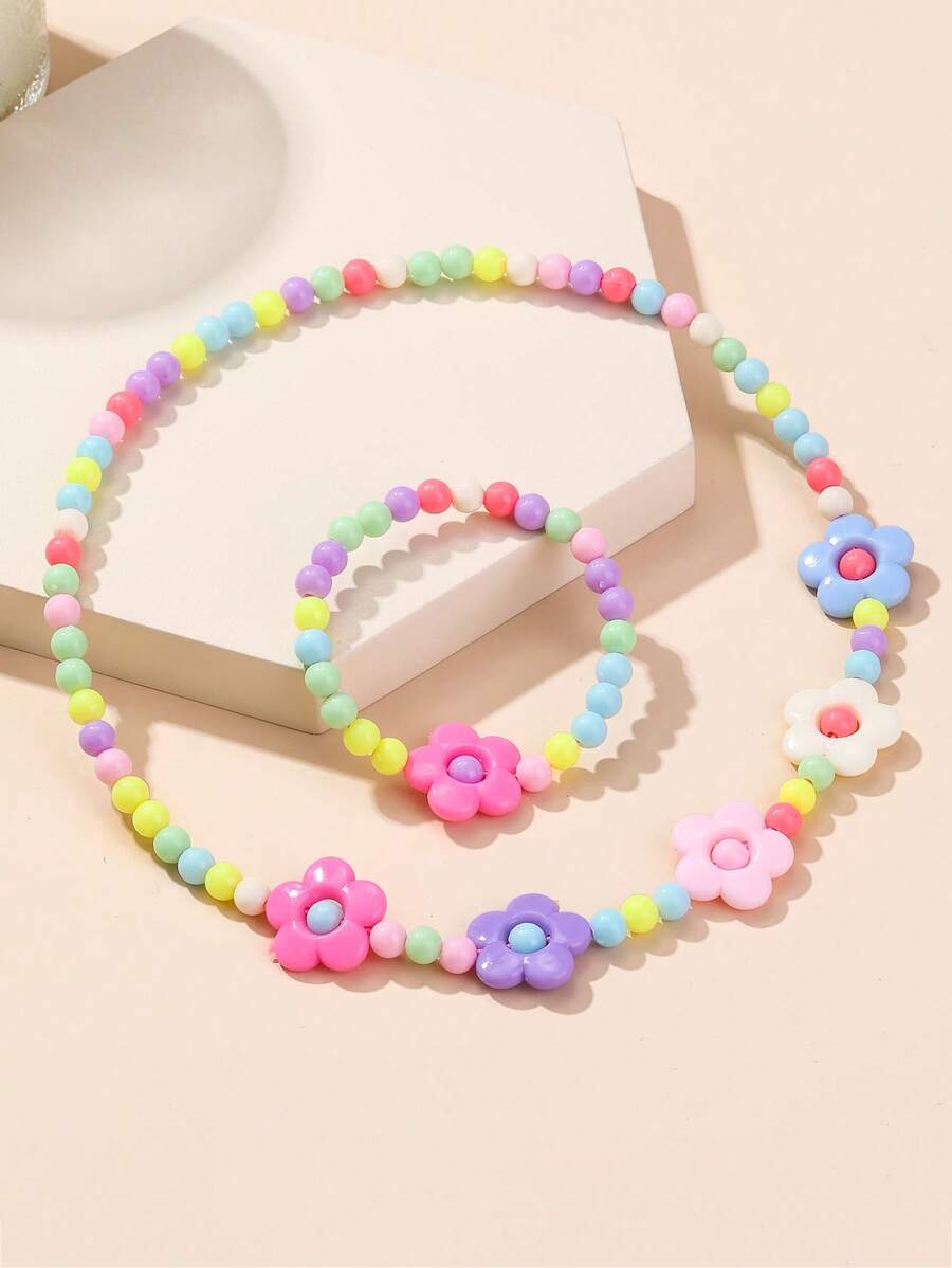 2pcs Girls Flower Decor Beaded Jewelry Set For Daily Decoration - Multicolor - View 1