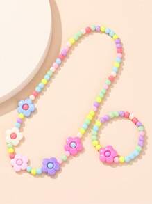 2pcs Girls Flower Decor Beaded Jewelry Set For Daily Decoration - Multicolor - View 3