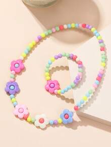 2pcs Girls Flower Decor Beaded Jewelry Set For Daily Decoration - Multicolor - View 4