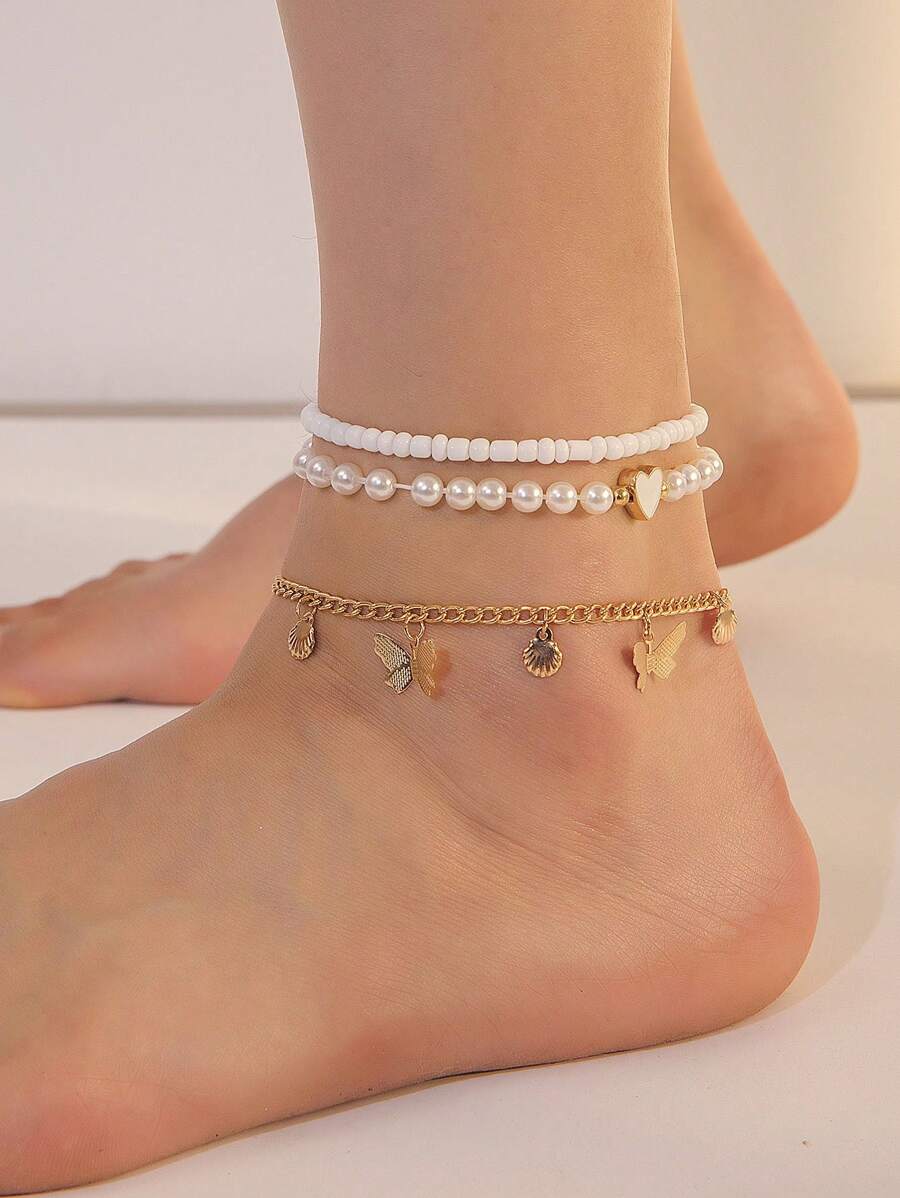 3pcs/Set Girls' Beach Butterfly Pearl Beaded Anklet Set - Multicolor - View 1