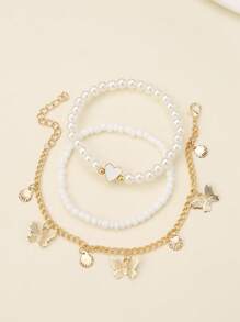 3pcs/Set Girls' Beach Butterfly Pearl Beaded Anklet Set - Multicolor - View 2