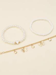 3pcs/Set Girls' Beach Butterfly Pearl Beaded Anklet Set - Multicolor - View 4