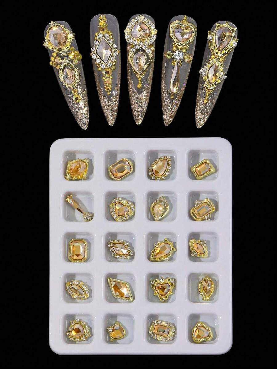 几何香槟色水钻美甲饰品 20 件多形状水钻宝石迷人美甲配件美甲装饰 DIY 美甲用品