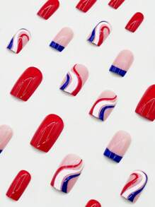 7 月 4 日 24 件线条艺术短方形条纹假指甲 + 1 片胶带 + 1 个指甲锉按压式指甲美甲套装美甲用品指甲 - 彩色 - 查看 2