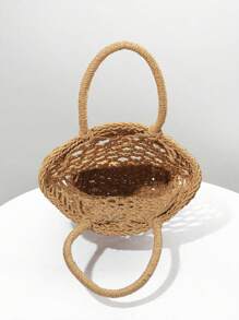 迷你時尚流行女士輕便多用途草編編織包手提包 - 卡其色 - 查看 5