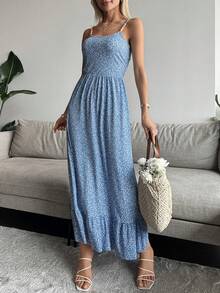 Ditsy Floral Print Ruffle Hem Cami Dress - Blue - View 3