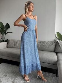 Ditsy Floral Print Ruffle Hem Cami Dress - Blue - View 4