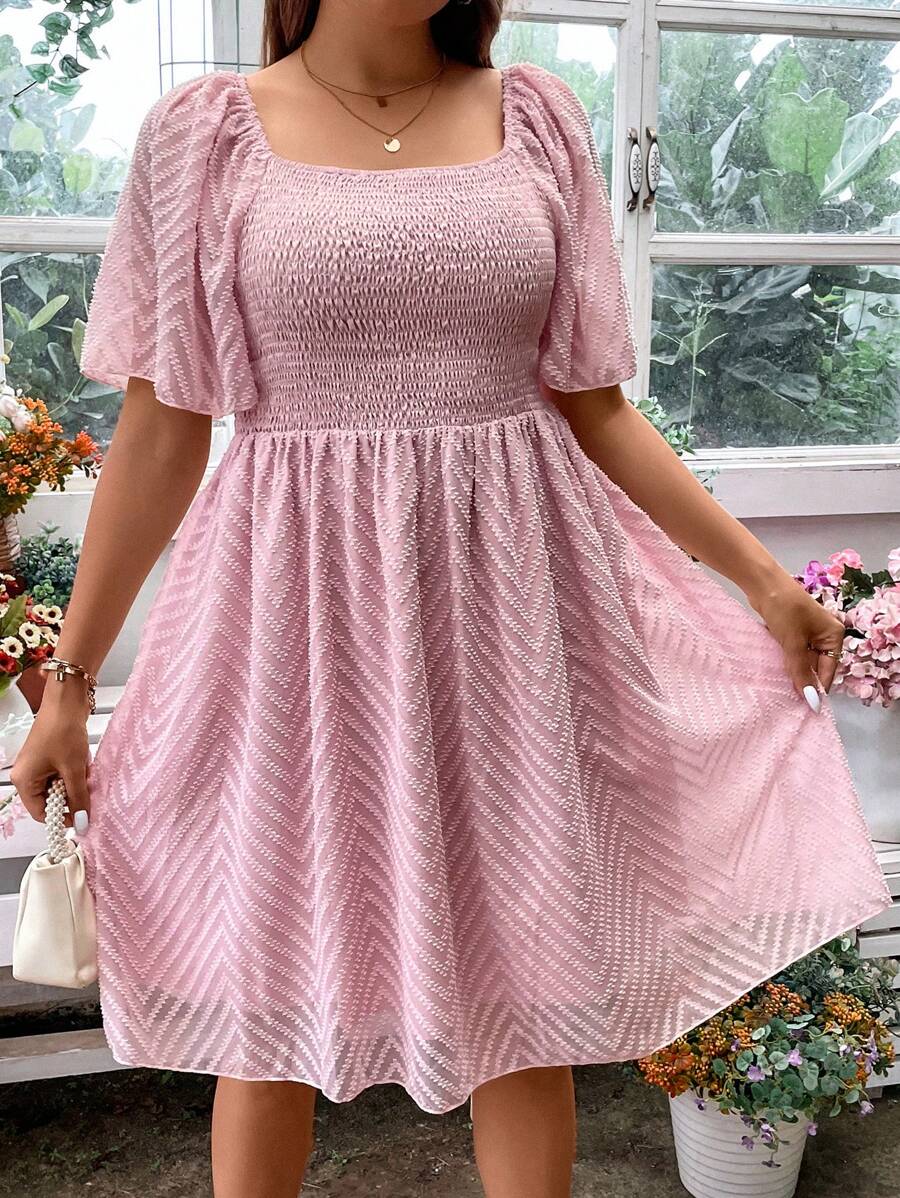 SHEIN Holidaya 大碼方領蝴蝶袖連衣裙 - 藕粉色 - 查看 1