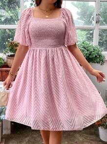 SHEIN Holidaya 大碼方領蝴蝶袖連衣裙 - 藕粉色 - 查看 5