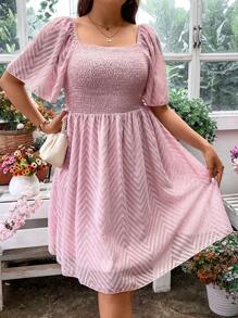 SHEIN Holidaya 大碼方領蝴蝶袖連衣裙 - 藕粉色 - 查看 8