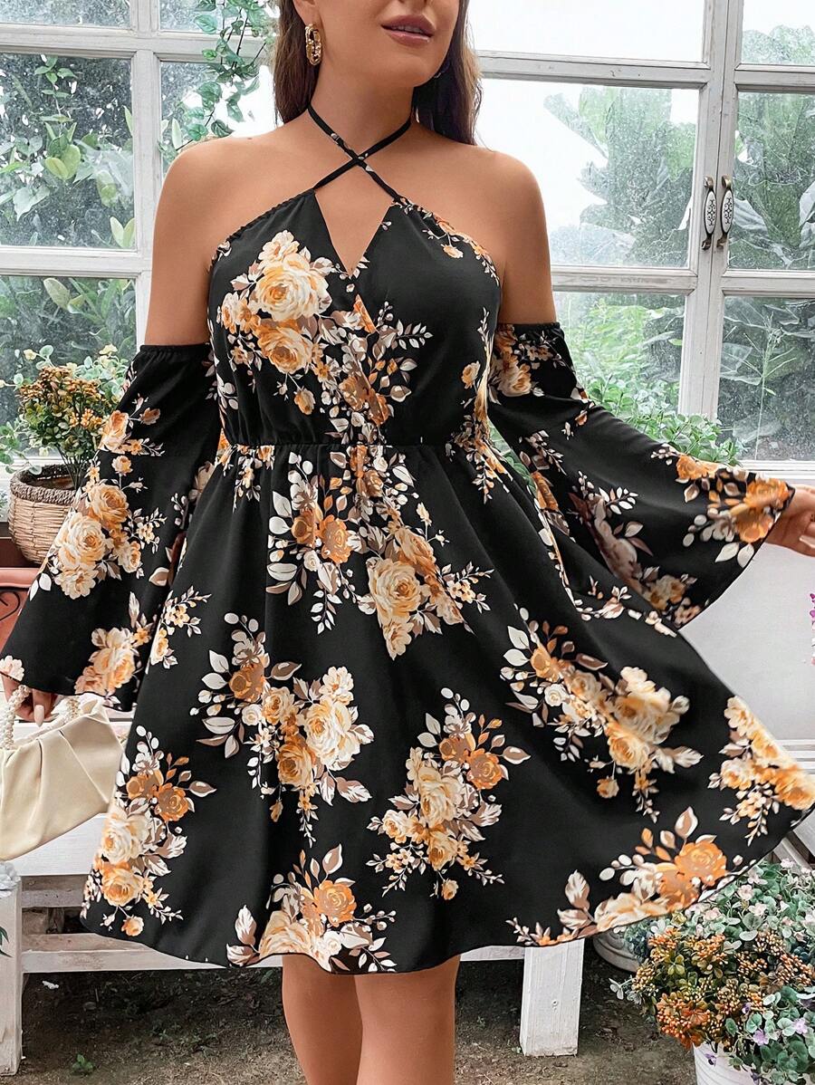 SHEIN LUNE Plus Floral Print Crisscross Tie Backless Dress