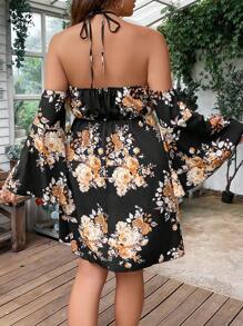SHEIN LUNE Plus Floral Print Crisscross Tie Backless Dress
