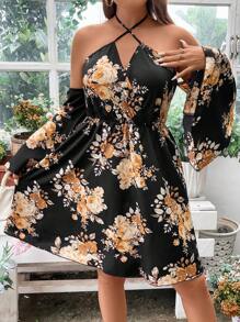 SHEIN LUNE Plus Floral Print Crisscross Tie Backless Dress