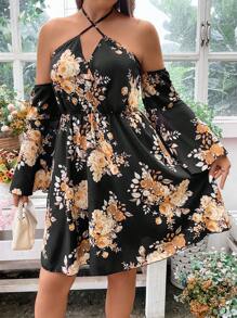 SHEIN LUNE Plus Floral Print Crisscross Tie Backless Dress