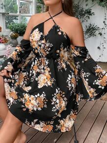 SHEIN LUNE Plus Floral Print Crisscross Tie Backless Dress