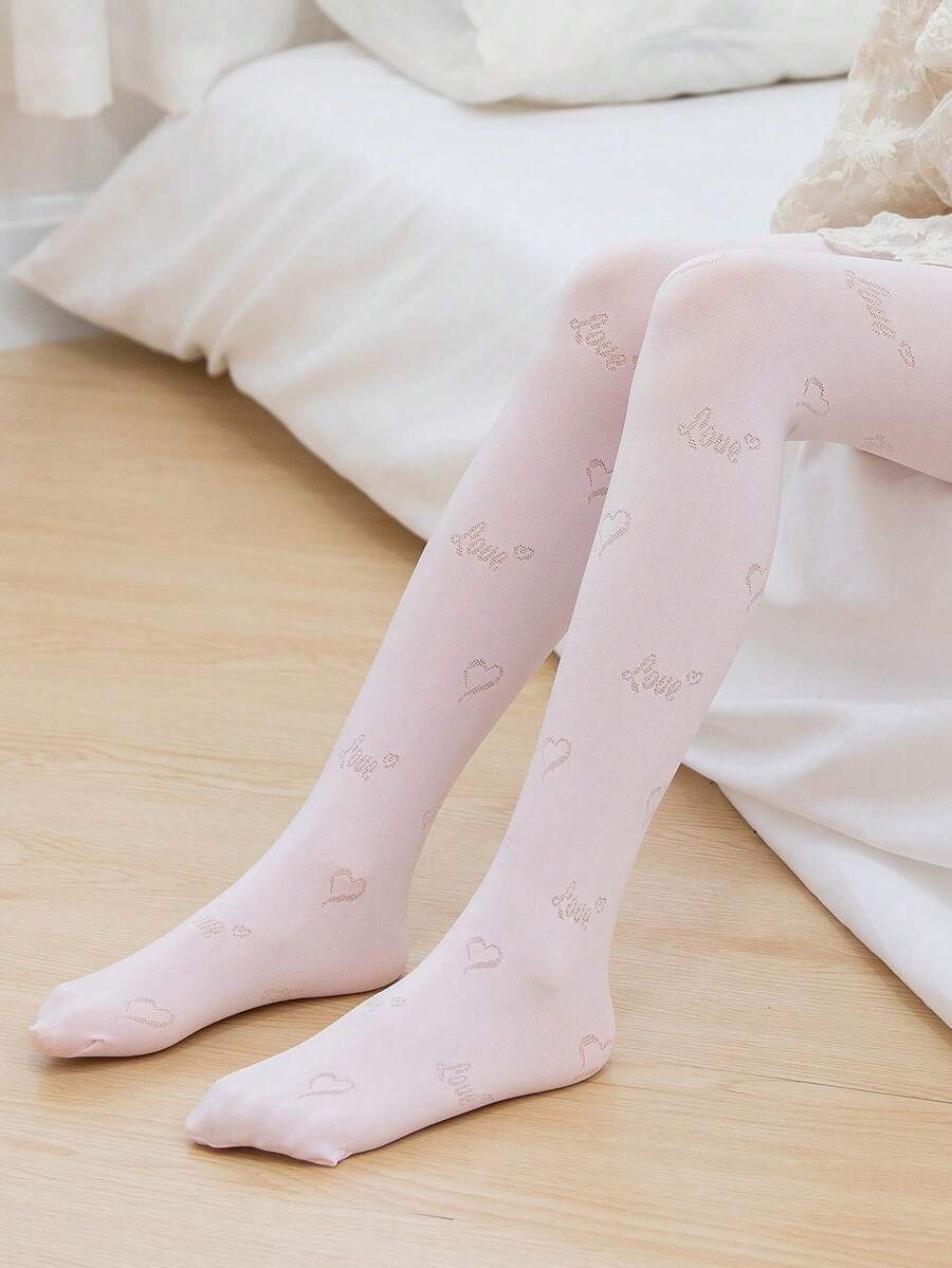 1雙女孩愛心和字母圖案休閒褲襪適用於日常生活 - 粉色 - 查看 1