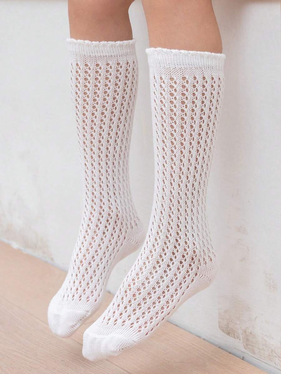 1雙女孩鏤空高筒襪適用於日常生活 - 白色 - 查看 1