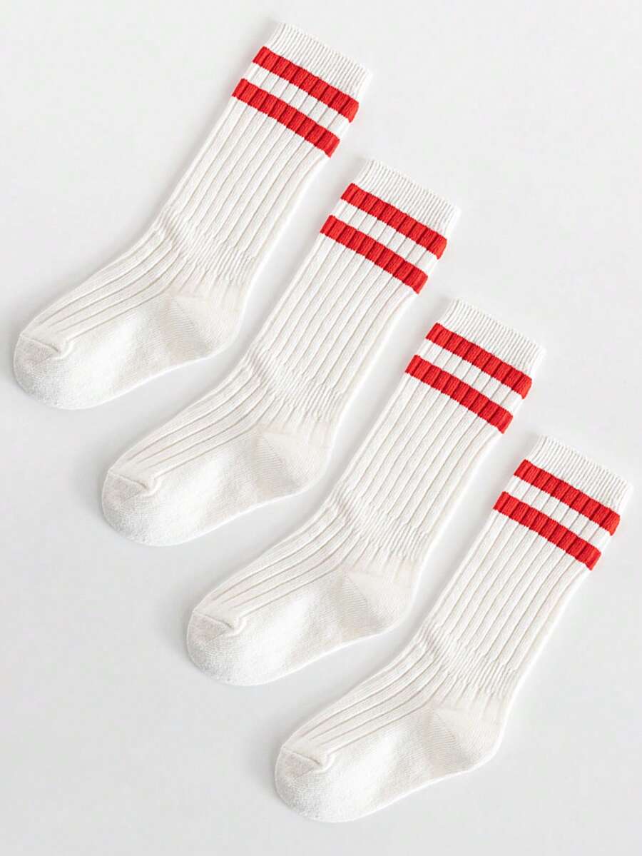 兩雙兒童條紋圖案高筒襪適用於日常生活 - 紅色 - 查看 1