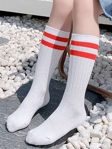 兩雙兒童條紋圖案高筒襪適用於日常生活 - 紅色 - 查看 6