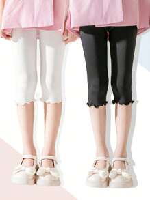 2双女童荷叶边纯色连裤袜，适合日常穿着 - 黑與白 - 查看 1