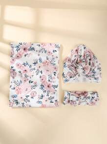 3 件套婴儿花朵印花针织布襁褓毯 & 涤纶头巾帽 & 蝴蝶结装饰发带套装 爱情情人节 - 彩色 - 查看 1