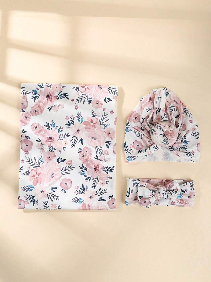 3 件套婴儿花朵印花针织布襁褓毯 & 涤纶头巾帽 & 蝴蝶结装饰发带套装 爱情情人节 - 彩色 - 查看 1
