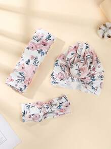 3 件套婴儿花朵印花针织布襁褓毯 & 涤纶头巾帽 & 蝴蝶结装饰发带套装 爱情情人节 - 彩色 - 查看 2