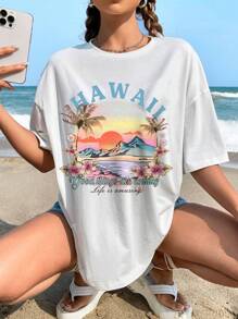 SHEIN EZwear 女式休闲日落风景与字母印花超大圆领白色短袖 T 恤，夏季 - 白色 - 查看 1