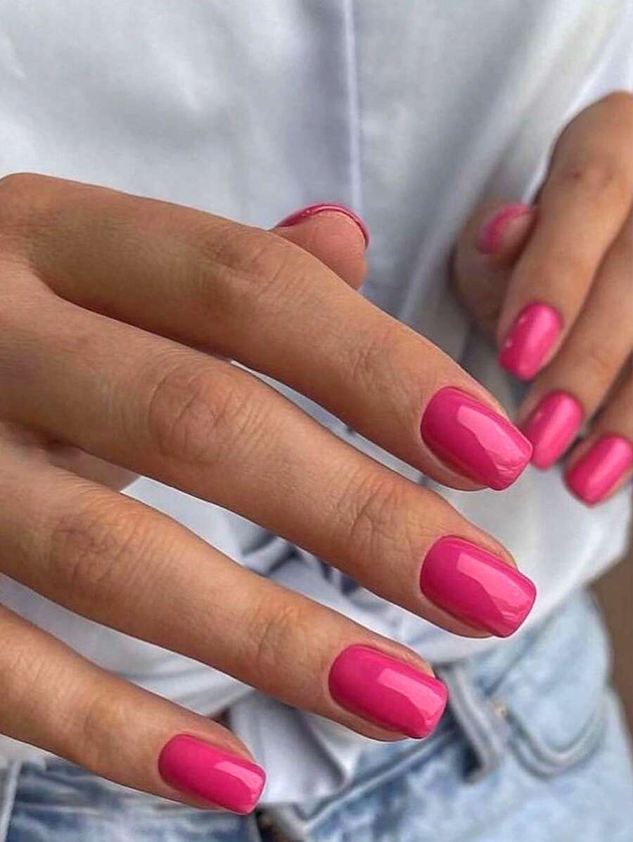 24入組霓虹粉色短方形純色假甲和1張膠帶&1支指甲銼&壓克力假甲修飾套裝，指甲美容工具 - 粉色 - 查看 1