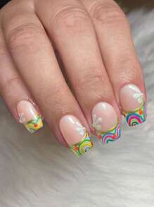 Colorful Swirl French Tip Press On Nails, 24pcs Medium Coffin Floral Fake Nail & 1sheet Tape & 1pc Nail File - Multicolor - View 1