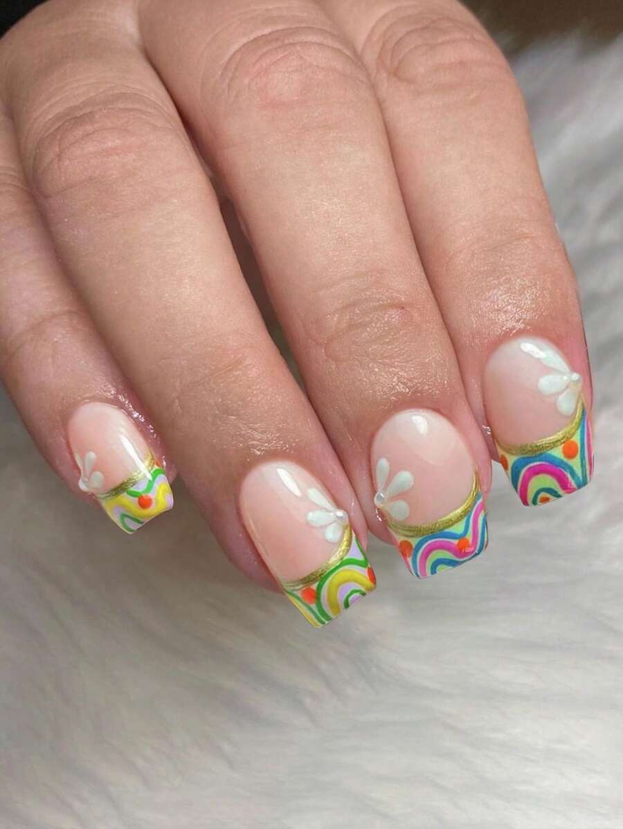 Colorful Swirl French Tip Press On Nails, 24pcs Medium Coffin Floral Fake Nail & 1sheet Tape & 1pc Nail File - Multicolor - View 1